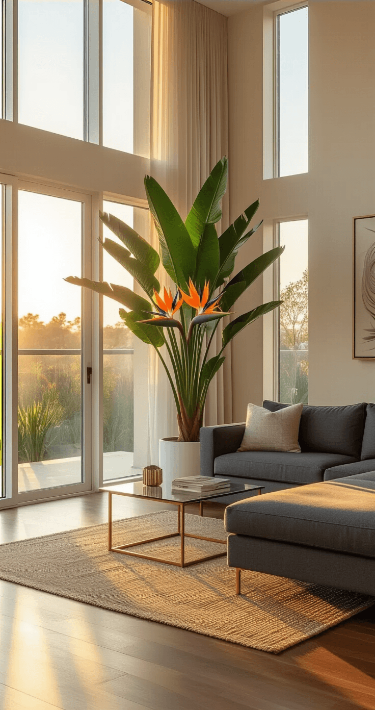 Exotic Flowers: How I Learned to Bring Paradise Into My Living Room (Without Killing Everything) Wide-angle view of a modern living room at golden hour, featuring a Bird of Paradise plant in a white ceramic planter beside a charcoal gray sectional sofa, with warm natural light flooding the space through floor-to-ceiling windows, highlighting polished hardwood floors and layered textures like a jute rug and linen pillows.