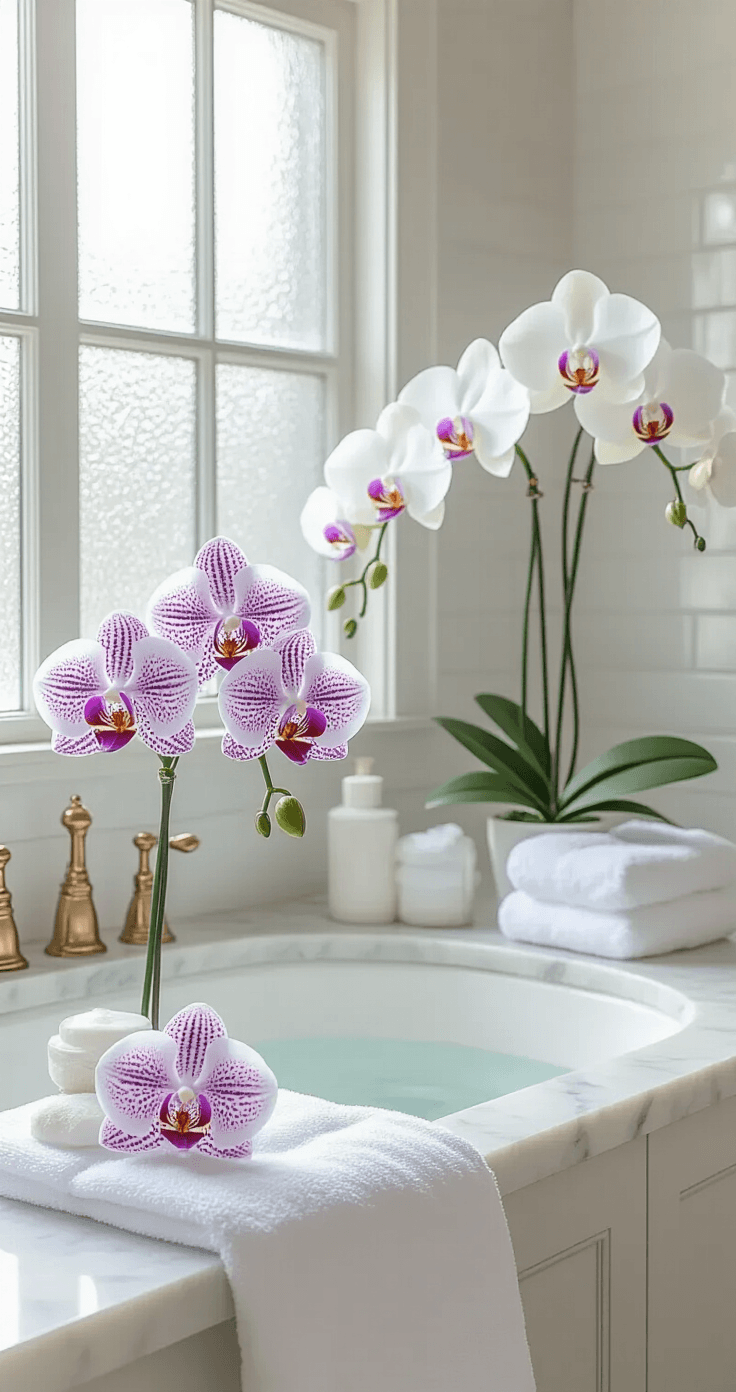 Exotic Flowers: How I Learned to Bring Paradise Into My Living Room (Without Killing Everything) Intimate close-up of a serene spa-like bathroom showcasing Phalaenopsis orchids on floating marble shelves, soft morning light, and steam rising from a clawfoot tub, with white subway tiles and brushed gold fixtures enhancing the luxurious atmosphere.