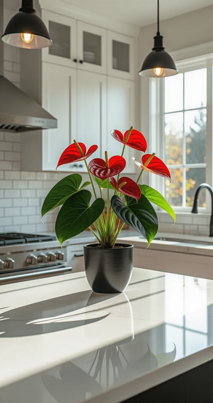 Exotic Flowers: How I Learned to Bring Paradise Into My Living Room (Without Killing Everything) Dramatic view of a modern kitchen with a glossy red anthurium on a white quartz countertop, bright afternoon light illuminating its heart-shaped spathe, surrounded by stainless steel appliances and white shaker cabinets.