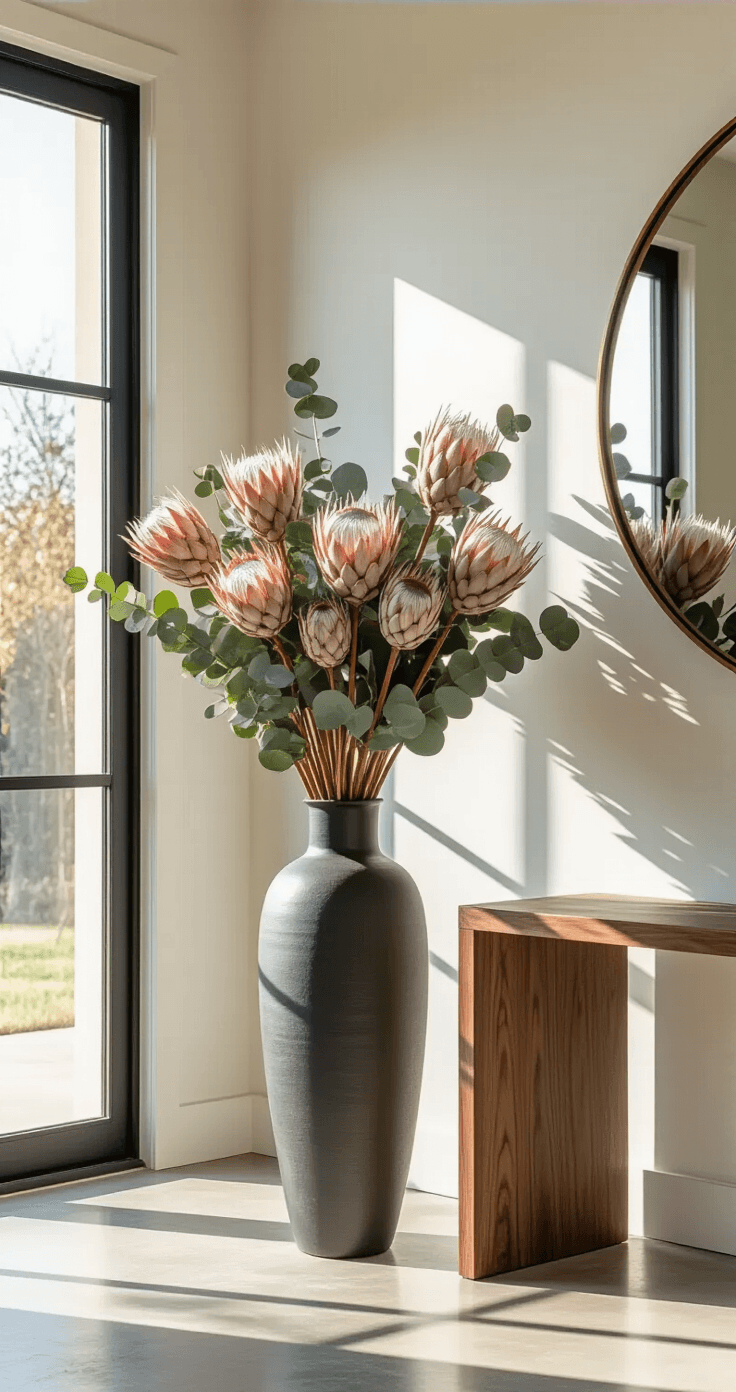 Exotic Flowers: How I Learned to Bring Paradise Into My Living Room (Without Killing Everything) Elegant entryway with a floor vase of dried proteas and eucalyptus, sunlight casting shadows on polished concrete, against white walls and a walnut console table. A large mirror reflects light, enhancing the sophisticated, gallery-like atmosphere.