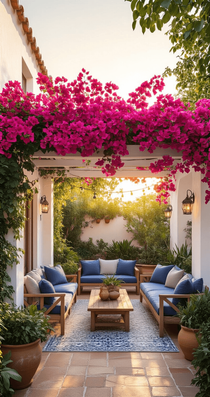 Exotic Flowers: How I Learned to Bring Paradise Into My Living Room (Without Killing Everything) Aerial view of a vibrant patio during golden hour, featuring a magenta bougainvillea arch, terracotta planters, weathered teak furniture, and decorative tiles, all bathed in warm light and enhanced by twinkling string lights.