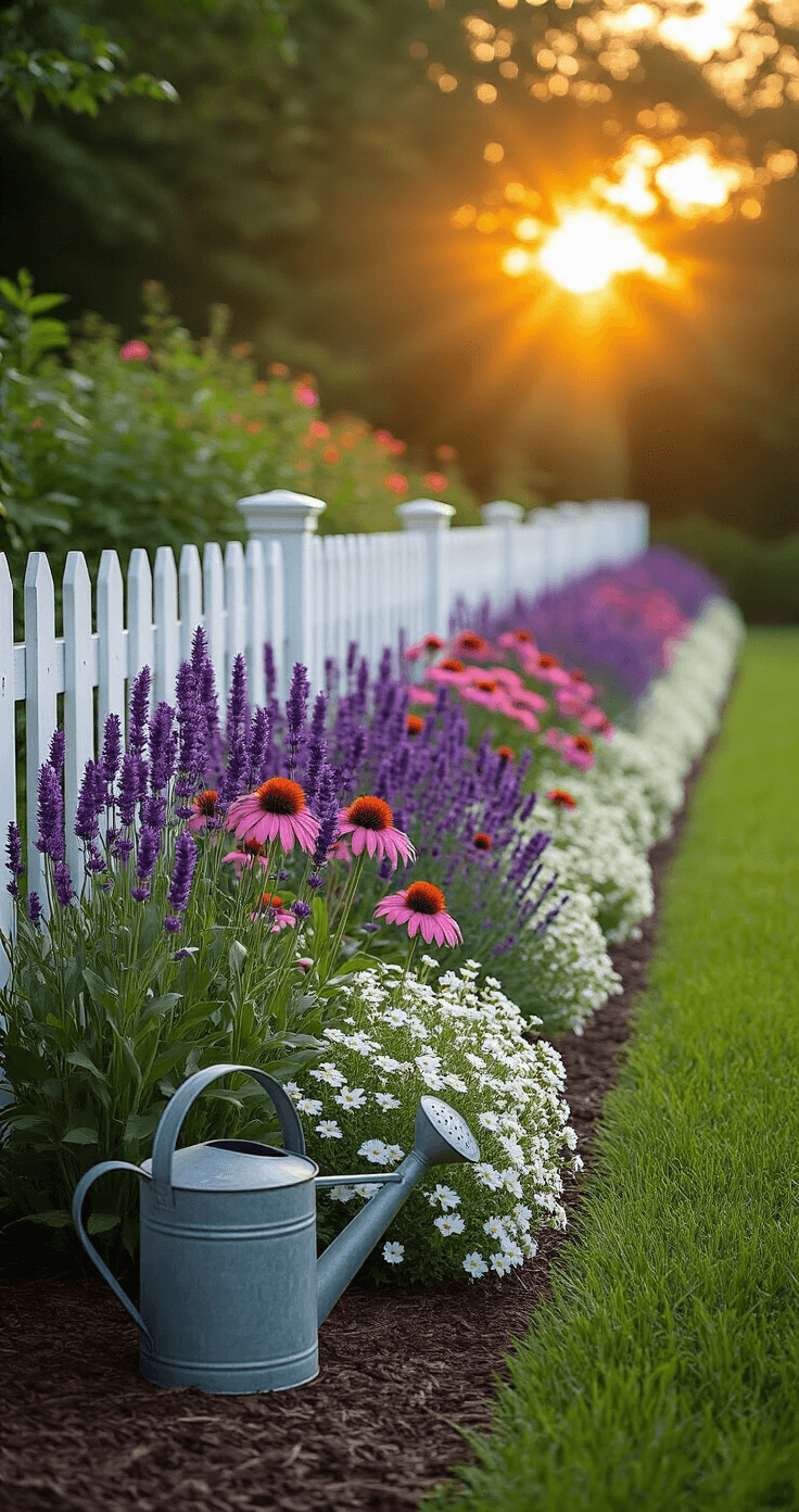 My Garden Grew the Perfect Flower Beds (and Thousands of Pinterest Saves)—Here's How You Can Too A picturesque cottage garden flower border featuring purple salvia, pink coneflowers, and white dianthus along a weathered white picket fence, illuminated by warm golden hour sunlight. A vintage galvanized watering can and leather gardening gloves add charm, with natural limestone edging defining the mulched bed against a lush lawn. Captured from a low angle, the scene highlights translucent petals and the texture of ornamental grasses, with white alyssum blooms in the foreground.