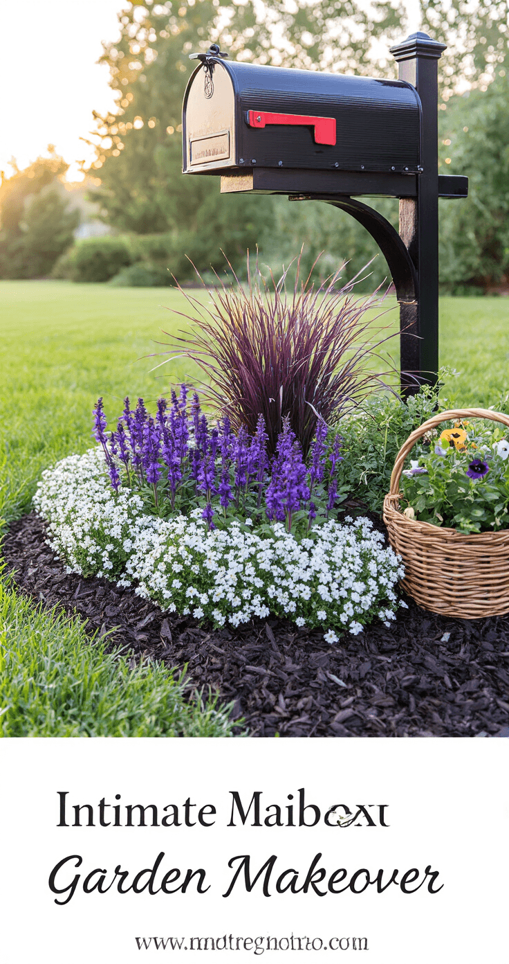 My Garden Grew the Perfect Flower Beds (and Thousands of Pinterest Saves)—Here's How You Can Too An intimate mailbox garden makeover featuring a compact planting bed with dwarf purple fountain grass, deep purple salvia, and white sweet alyssum on dark chocolate mulch, captured at dawn with morning dew. The scene includes natural stone edging and a woven basket of freshly cut flowers, photographed from a low angle to enhance depth and color richness in soft morning light.