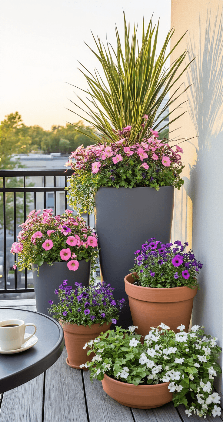 My Garden Grew the Perfect Flower Beds (and Thousands of Pinterest Saves)—Here's How You Can Too A modern apartment terrace features a sophisticated balcony container garden arranged in a triangular formation, with a tall charcoal gray planter, medium terra cotta pots of cascading flowers, and low ceramic bowls. The scene is bathed in warm golden hour light, highlighting the textures of the plants against a stylish backdrop of city skyline, with a bistro table and coffee mug adding context.