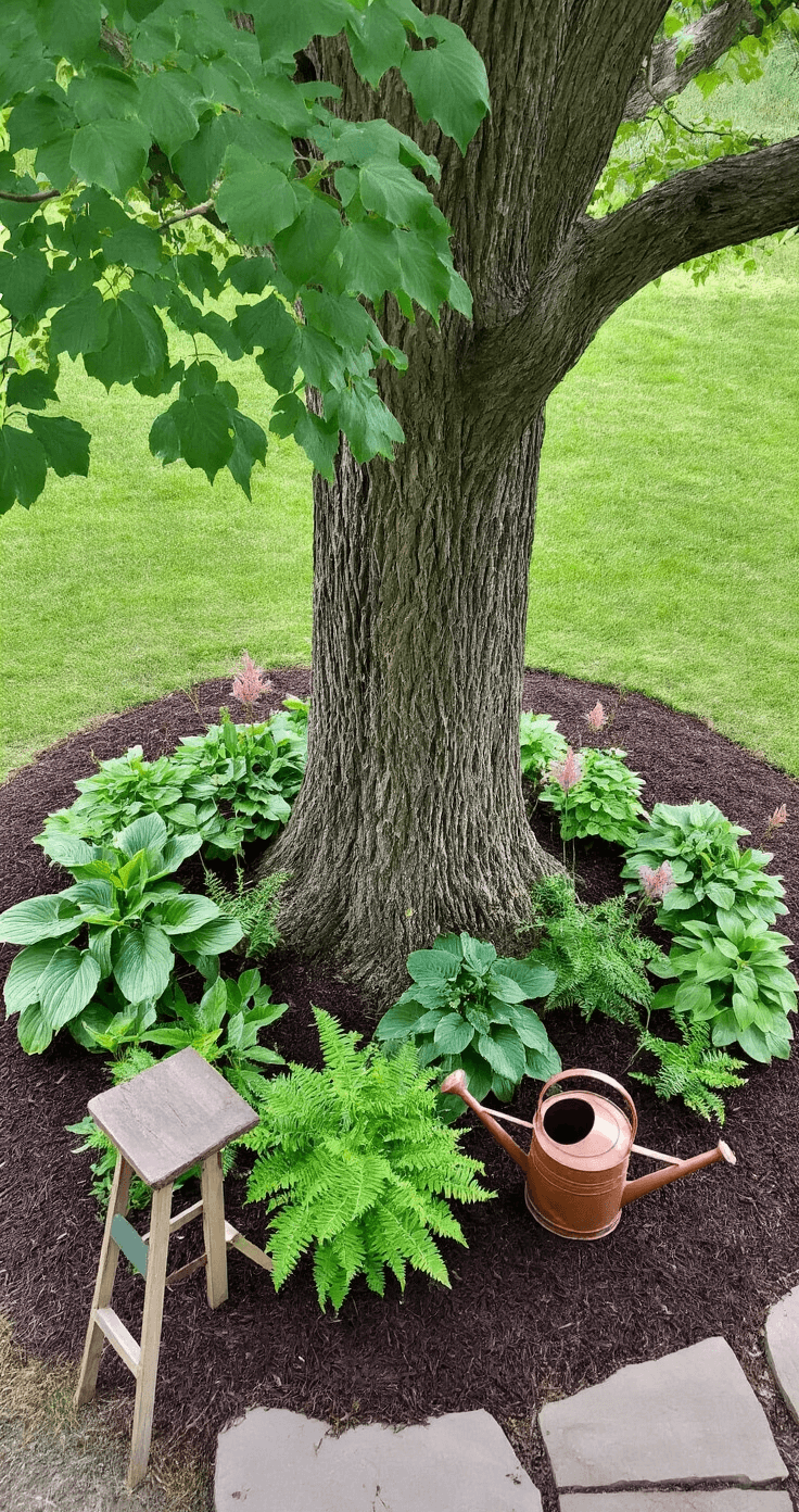 My Garden Grew the Perfect Flower Beds (and Thousands of Pinterest Saves)—Here's How You Can Too Overhead view of a circular garden around a mature oak tree, featuring shade-loving plants such as hostas, astilbe, bleeding heart foliage, and ferns, all set in rich dark mulch with quartzite stone edging; a vintage copper watering can rests nearby, captured in soft, even overcast light.
