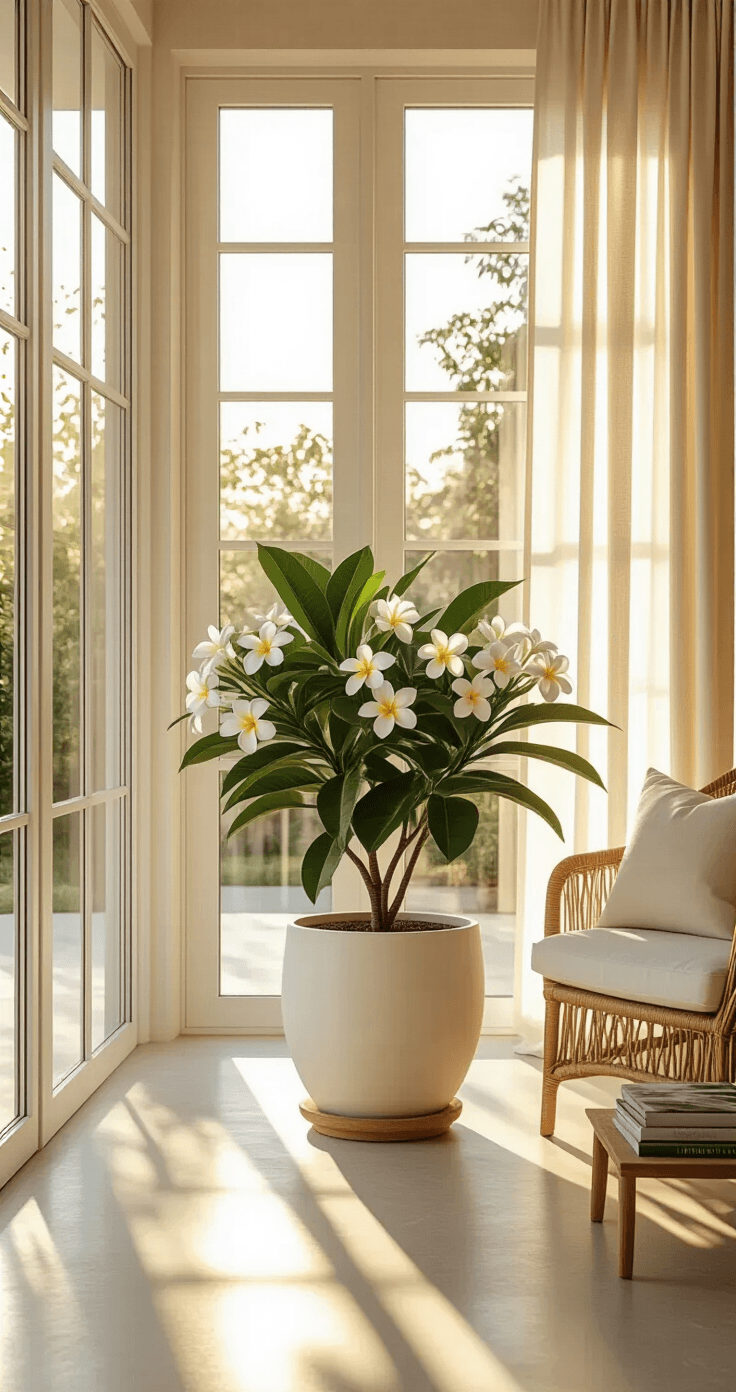 Plumeria Flowers: Everything You Need to Know About Growing These Intoxicatingly Fragrant Blooms Photorealistic sunroom with floor-to-ceiling windows, showcasing a plumeria in a terracotta planter, minimalist decor, and warm afternoon light creating inviting shadows on polished concrete floors.