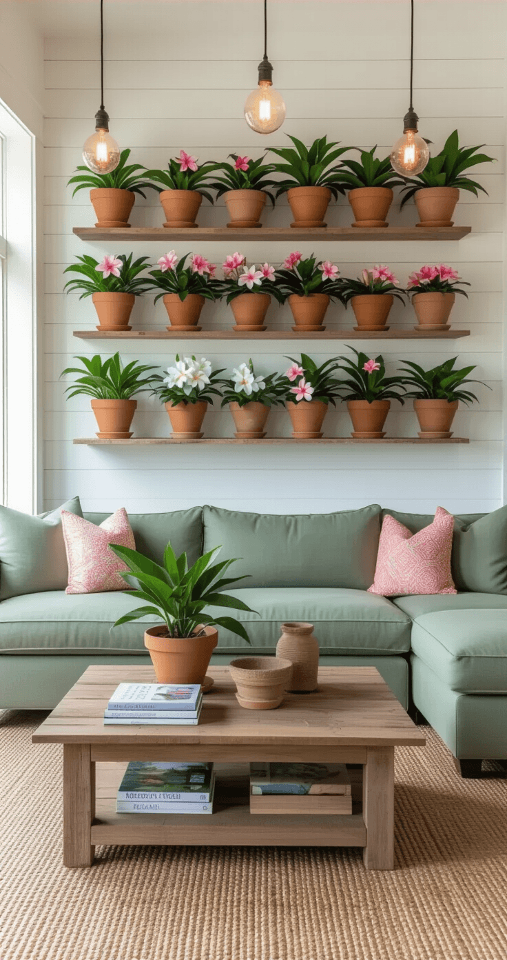 Plumeria Flowers: Everything You Need to Know About Growing These Intoxicatingly Fragrant Blooms Photorealistic living room with terracotta containers of plumeria on a wooden shelf, sage green sectional sofa, reclaimed wood coffee table with plant care books, and woven jute rugs, illuminated by warm Edison bulbs during the blue hour.