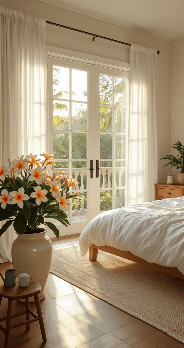Plumeria Flowers: Everything You Need to Know About Growing These Intoxicatingly Fragrant Blooms Photorealistic master bedroom with large windows overlooking a garden, featuring a mature plumeria in a cream-colored planter beside French doors, a platform bed with white linen bedding, natural wood nightstands, sheer curtains, and polished hardwood floors reflecting warm morning light, creating a tranquil spa-like atmosphere.