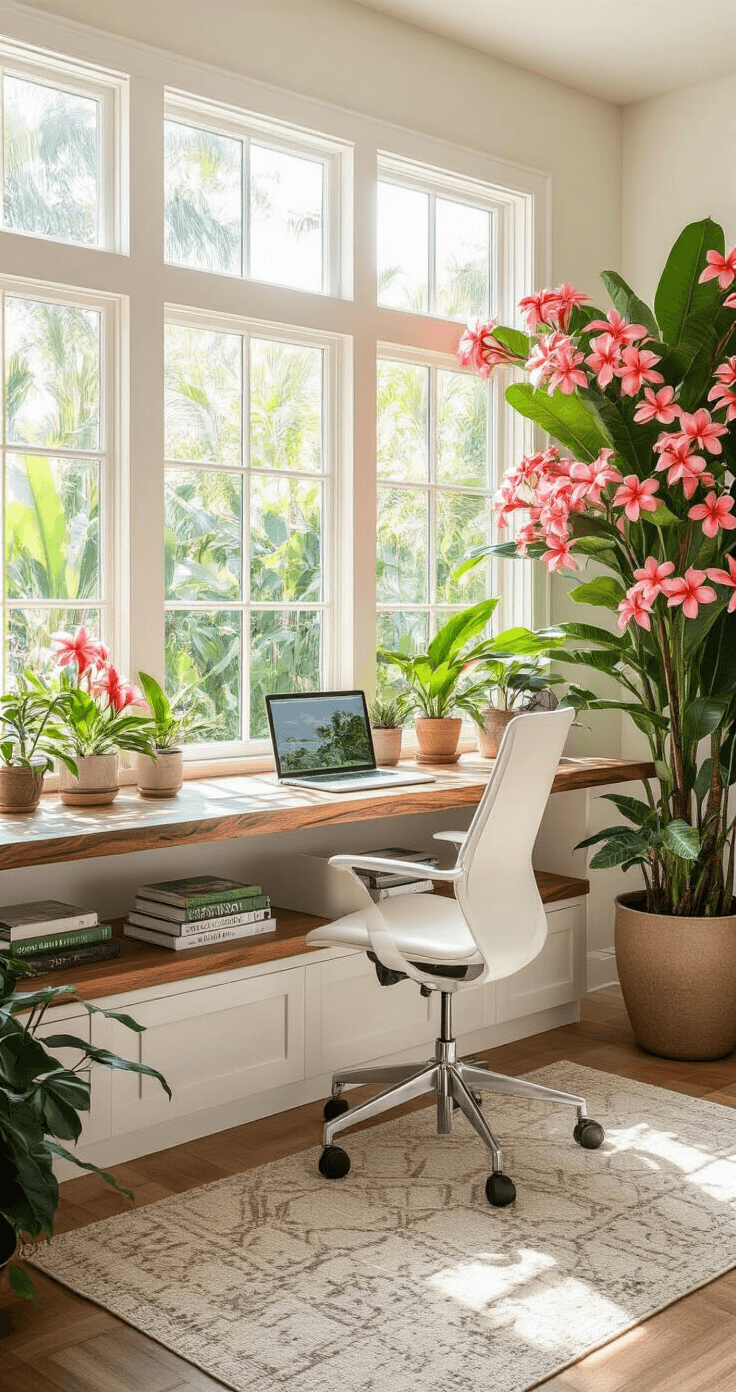 Plumeria Flowers: Everything You Need to Know About Growing These Intoxicatingly Fragrant Blooms Photorealistic home office with large south-facing windows, featuring a live-edge walnut desk, ergonomic white chair, and plumeria plants in varying sizes, including a tall specimen with coral-pink blooms. The space has hardwood floors, floating shelves with gardening books, and a geometric area rug, creating a bright and productive atmosphere.