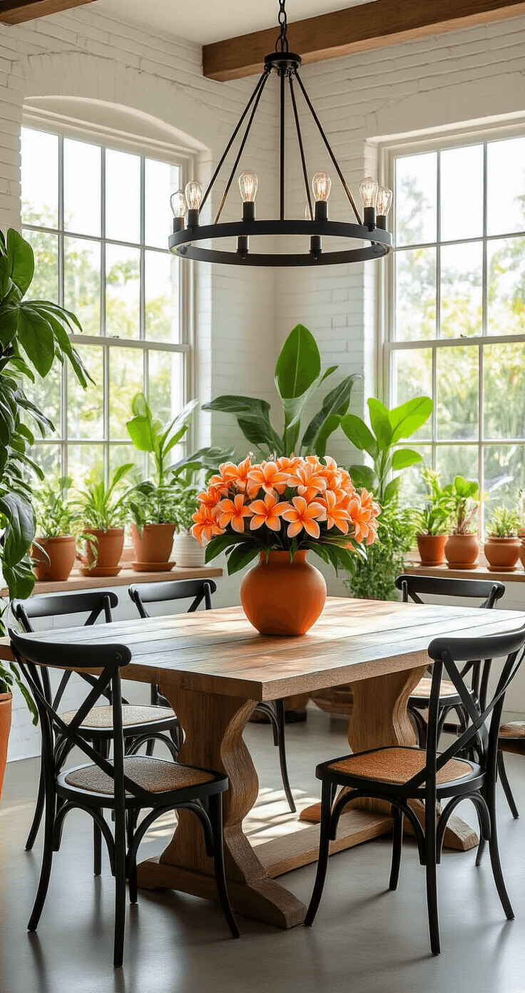 Plumeria Flowers: Everything You Need to Know About Growing These Intoxicatingly Fragrant Blooms A warm and inviting dining room with a reclaimed wood table illuminated by afternoon light, featuring a dramatic plumeria centerpiece in a ceramic vessel, black metal dining chairs, white brick walls, and thriving plants in terracotta pots.