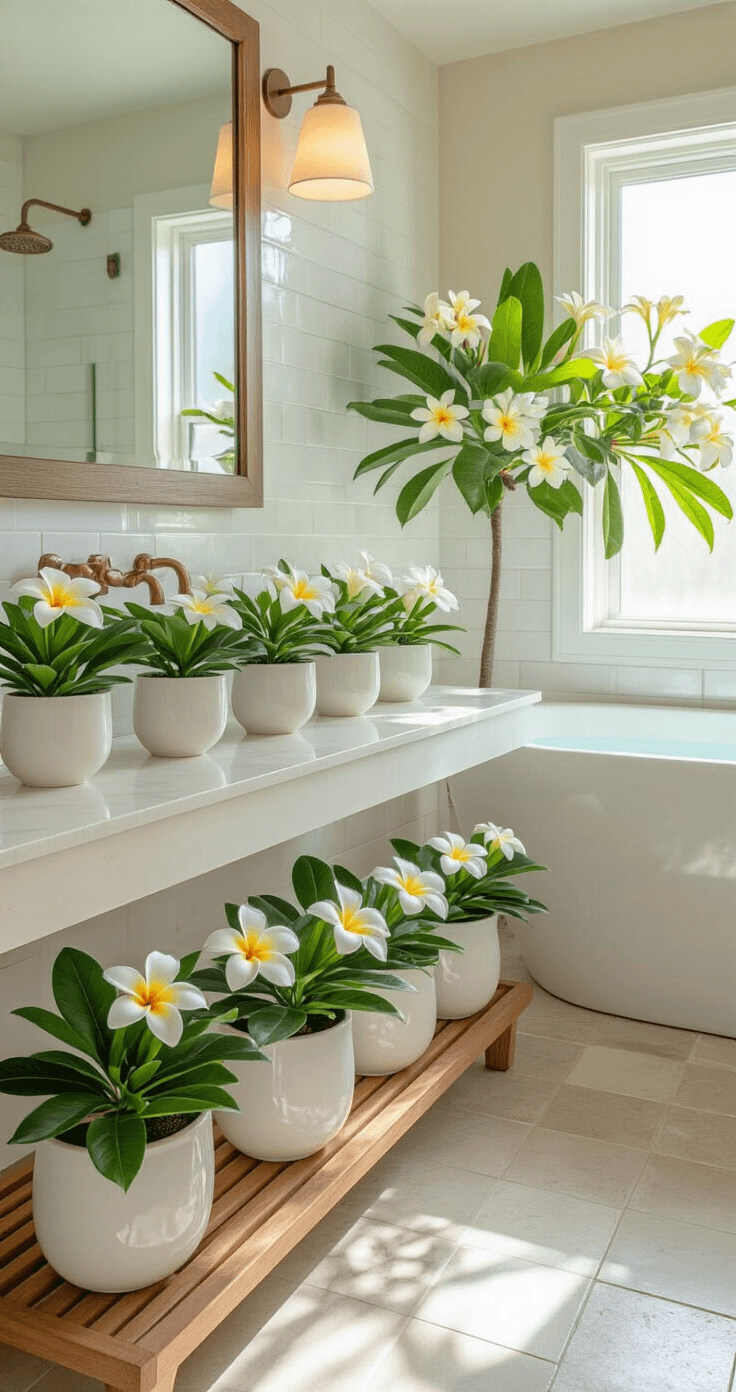 Plumeria Flowers: Everything You Need to Know About Growing These Intoxicatingly Fragrant Blooms Photorealistic spa-like bathroom featuring a floating vanity with plumeria plants, natural stone tile floors, and a freestanding white bathtub, illuminated by soft morning light.