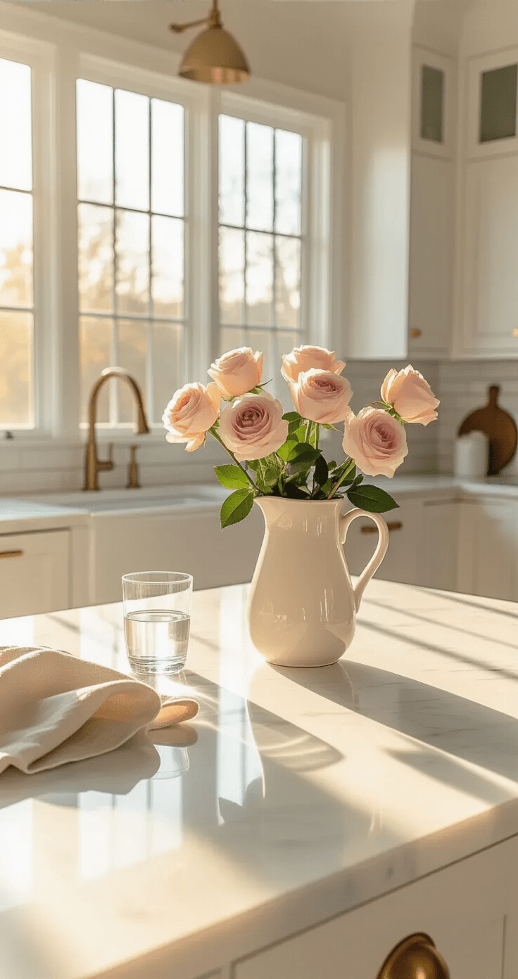 How to Create Stunning Rose-Themed Morning Displays That Transform Your Home Into a Daily Sanctuary Wide-angle shot of a sunlit modern kitchen with a white marble island, brass hardware, and elegant floral centerpiece, showcasing a serene morning atmosphere.