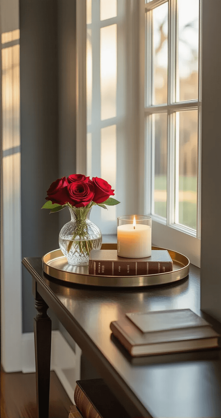 How to Create Stunning Rose-Themed Morning Displays That Transform Your Home Into a Daily Sanctuary Intimate close-up of a narrow hallway console vignette featuring a round brass tray with a deep red rose in a crystal vase, an unscented ivory pillar candle, and a stack of vintage leather-bound books, all illuminated by soft morning sunlight filtering through a frosted glass door. The console table has clean lines against charcoal gray walls with white trim, creating a welcoming and refined atmosphere.