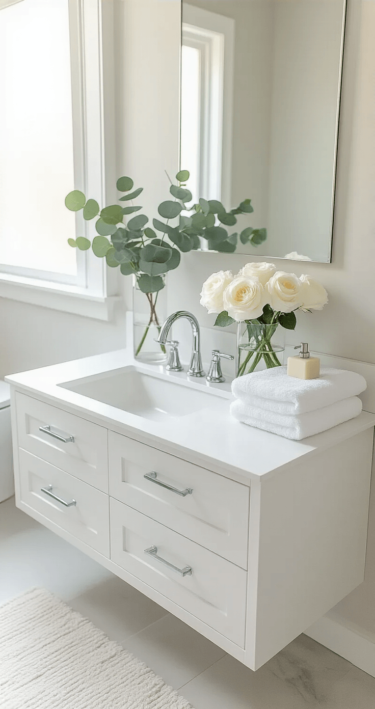 How to Create Stunning Rose-Themed Morning Displays That Transform Your Home Into a Daily Sanctuary Overhead view of a serene bathroom vanity at 7:00 AM, showcasing a 48-inch white lacquered floating vanity with an integrated sink, three white roses in a clear glass vase, polished chrome fixtures, folded white cotton towels, a small potted eucalyptus, and a soft gray marble soap dispenser, all illuminated by morning light through a frosted window.