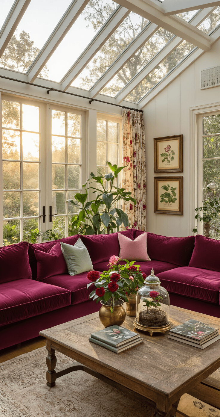The World's Rarest Flowers: A Guide to Nature's Most Elusive Blooms A sunlit conservatory living room featuring a deep burgundy velvet sectional sofa, rare flowering plants in vintage brass planters, and an ornate Victorian glass terrarium with camellia blooms, all accented by botanical-patterned sheer curtains and antique botanical prints lining the walls, creating a romantic greenhouse atmosphere.