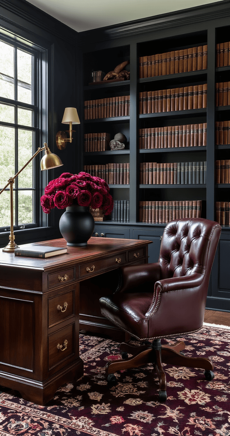 The World's Rarest Flowers: A Guide to Nature's Most Elusive Blooms A sophisticated home office library featuring charcoal-painted built-in shelving, rich cognac leather furniture, and a chocolate cosmos arrangement on an antique mahogany desk, with warm brass lighting and a thick Persian rug, all under afternoon light filtering through tall black-framed windows.