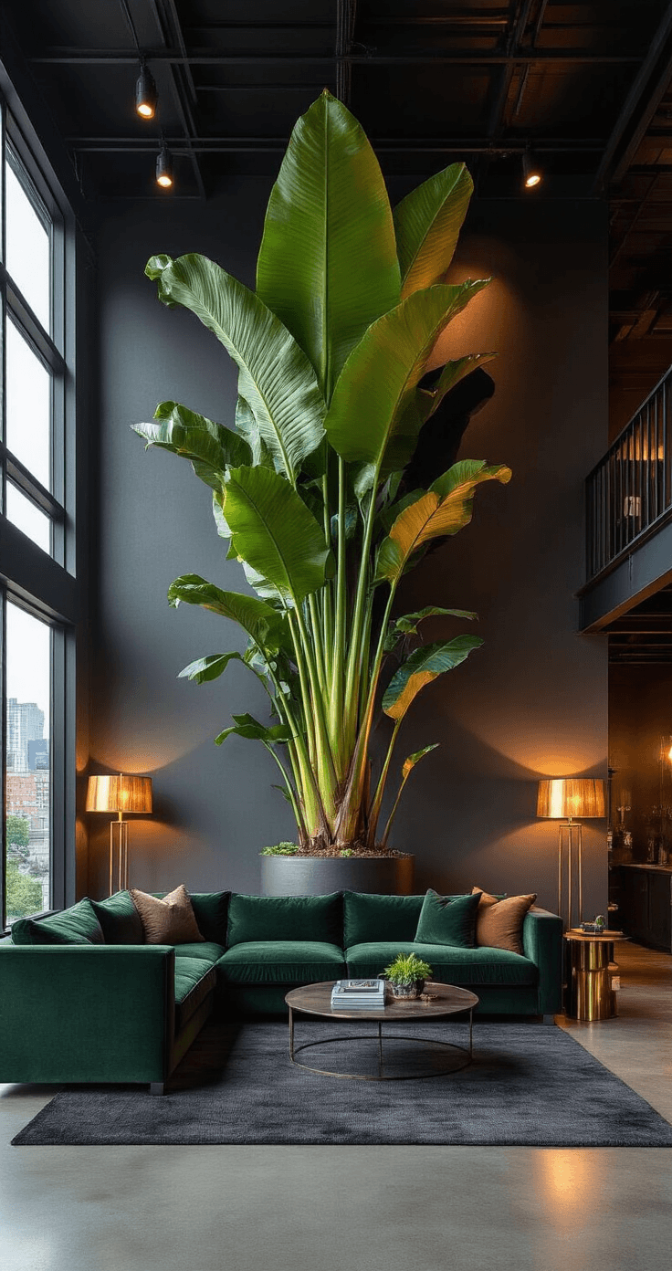 The World's Rarest Flowers: A Guide to Nature's Most Elusive Blooms A dramatic living room featuring a towering titan arum in a gunmetal planter, surrounded by a deep forest green velvet sofa and a charcoal wool rug, with warm brass lamps illuminating dark gray walls and floor-to-ceiling windows revealing city lights, all presented in a wide-angle shot that emphasizes the urban sophistication and botanical drama of the space.