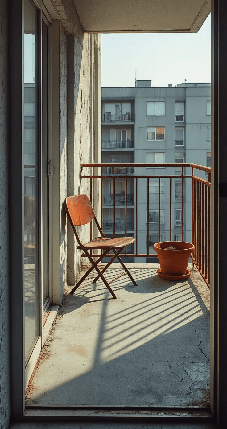 Balcony Garden Ideas That'll Turn Your Tiny Space Into a Green Paradise A wide-angle shot from inside a gloomy apartment looking out through sliding glass doors onto a neglected balcony with cracked concrete, weathered railings, a rusty folding chair, and a dried terracotta pot, all set against a grey parking lot below, emphasizing a stark contrast between the warm interior and the bleak outdoor space.
