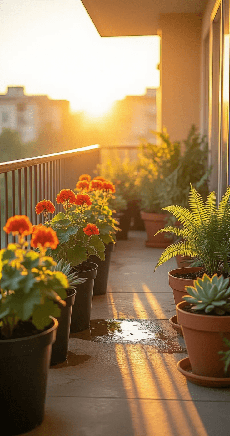 Balcony Garden Ideas That'll Turn Your Tiny Space Into a Green Paradise A sun-drenched balcony at golden hour, featuring struggling plants in disarray: scorched brown geraniums in black pots, a wilting fern, overcrowded terracotta pots, and pooling water stains on the concrete floor, all under dramatic warm amber light.