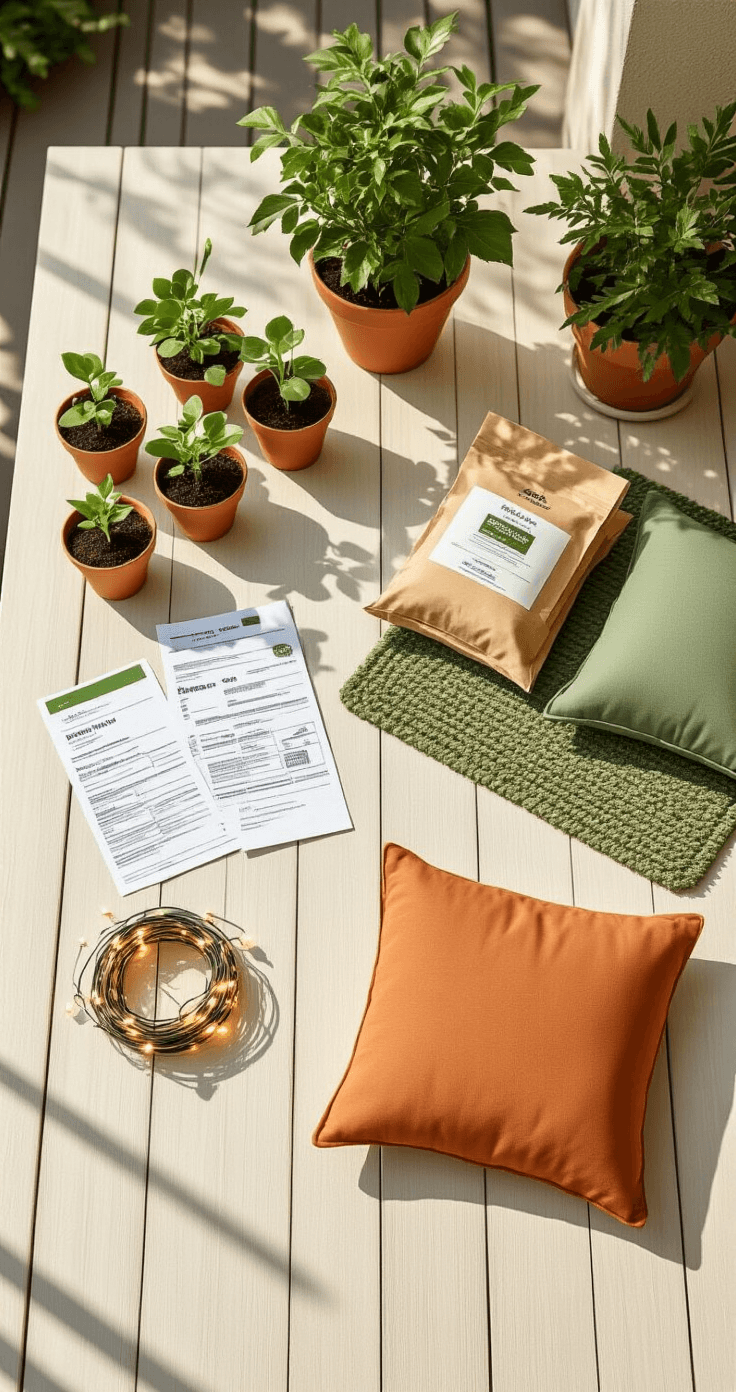 Balcony Garden Ideas That'll Turn Your Tiny Space Into a Green Paradise A photorealistic overhead flat-lay composition of a balcony garden budget spread on a wooden outdoor table, featuring terracotta pots with starter plants, bags of potting soil, a sage green outdoor rug, terracotta cushions, and solar string lights, all presented in soft morning light with a warm neutral palette.