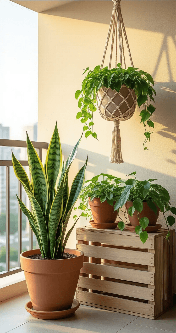 Balcony Garden Ideas That'll Turn Your Tiny Space Into a Green Paradise A photorealistic close-up of a three-tier plant display on a balcony, featuring a dramatic snake plant in a terracotta pot, medium ceramic pots of cascading pothos on a wooden crate, and a hanging macramé planter with a spider plant, illuminated by golden hour sunlight.