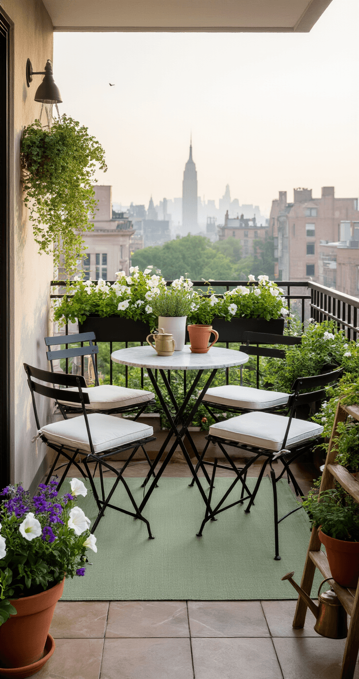 Balcony Garden Ideas That'll Turn Your Tiny Space Into a Green Paradise A photorealistic medium shot of a stylish small balcony featuring a compact bistro setup with black metal chairs, a marble-top table, and a sage green outdoor rug, adorned with blooming white petunias and purple lobelia in railing planters, and a wooden ladder plant stand with mismatched pots, creating a serene morning atmosphere.