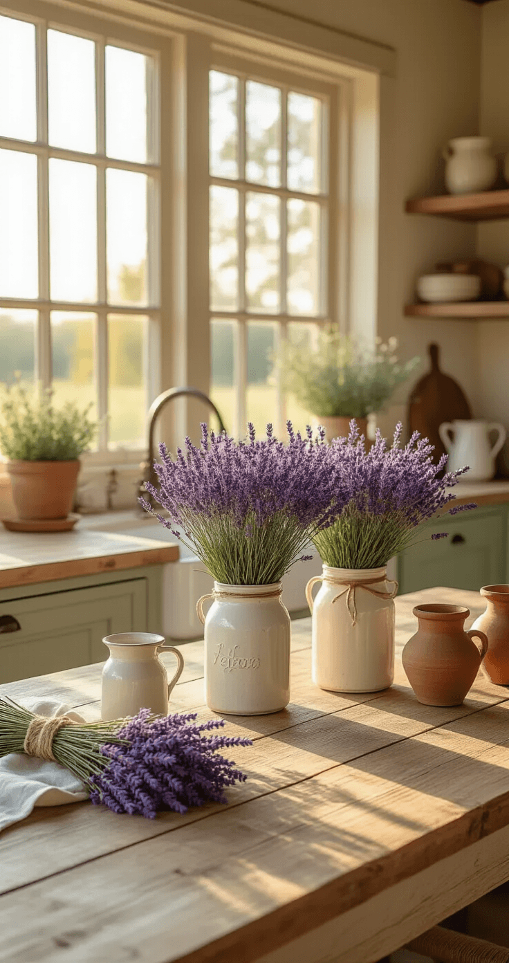 Lavender Flowers: Everything You Need to Know About Growing, Styling, and Using Nature's Purple Perfection A sunlit farmhouse kitchen with a large oak table featuring mismatched Mason jars of lavender, terracotta pots, and a warm color palette of cream, honey, and sage green, capturing a cozy, inviting atmosphere.