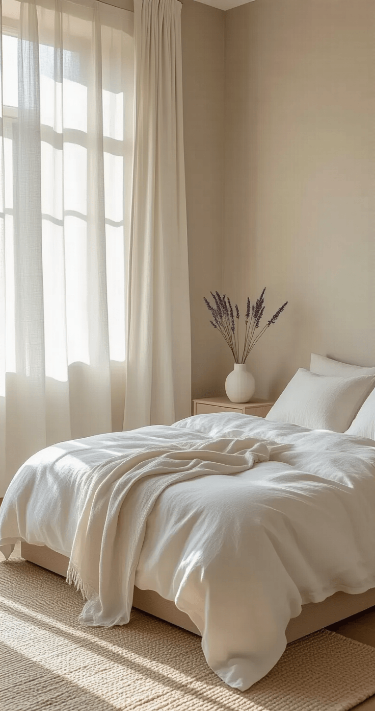 Lavender Flowers: Everything You Need to Know About Growing, Styling, and Using Nature's Purple Perfection A serene minimalist bedroom featuring a low-profile platform bed in crisp white cotton against a warm greige wall, bathed in soft morning light with sheer linen curtains. A pale ash nightstand holds a small white ceramic vase with lavender stems, alongside a casually draped oat-colored linen throw. Subtle lavender sprigs peek from beneath the pillow, creating a tranquil and clutter-free atmosphere.