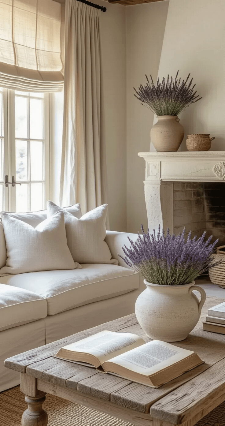 Lavender Flowers: Everything You Need to Know About Growing, Styling, and Using Nature's Purple Perfection A cozy French country living room corner featuring a limestone fireplace mantel adorned with dried lavender, roses, and eucalyptus. The slipcovered sofa is layered with aged linen pillows, while a rustic oak coffee table holds an open linen-bound book and loose lavender stems. Soft midday light filters through linen Roman shades, creating a romantic atmosphere with a palette of dusty lavender, antique white, warm taupe, and sage green.