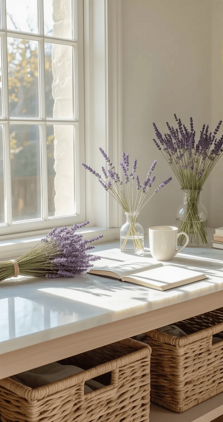 Lavender Flowers: Everything You Need to Know About Growing, Styling, and Using Nature's Purple Perfection Sunlit home office with a marble-topped desk featuring dried lavender bundles, a glass bud vase, an open notebook, and a white coffee mug, set against a warm white plaster wall and rattan storage baskets.