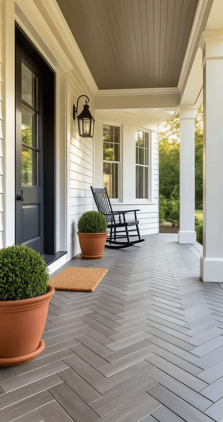 Transform Your Front Porch with These Stunning Tile Patterns (And Why I'll Never Go Back to Plain Concrete) Photorealistic front porch with herringbone gray porcelain tiles, featuring a charcoal navy front door, white columns, a black Windsor chair, terracotta planters with topiaries, and a coir doormat, all illuminated by warm golden hour light.