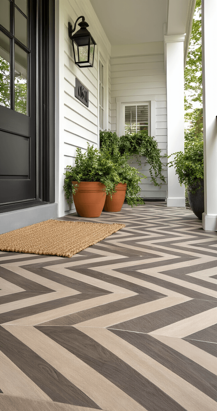 Transform Your Front Porch with These Stunning Tile Patterns (And Why I'll Never Go Back to Plain Concrete) Photorealistic urban stoop featuring warm taupe chevron pattern wood-look tiles, distressed barn-wood porcelain in a V-shaped layout, jute outdoor runner, terracotta pots with ivy, and black metal house numbers on white shiplap siding.