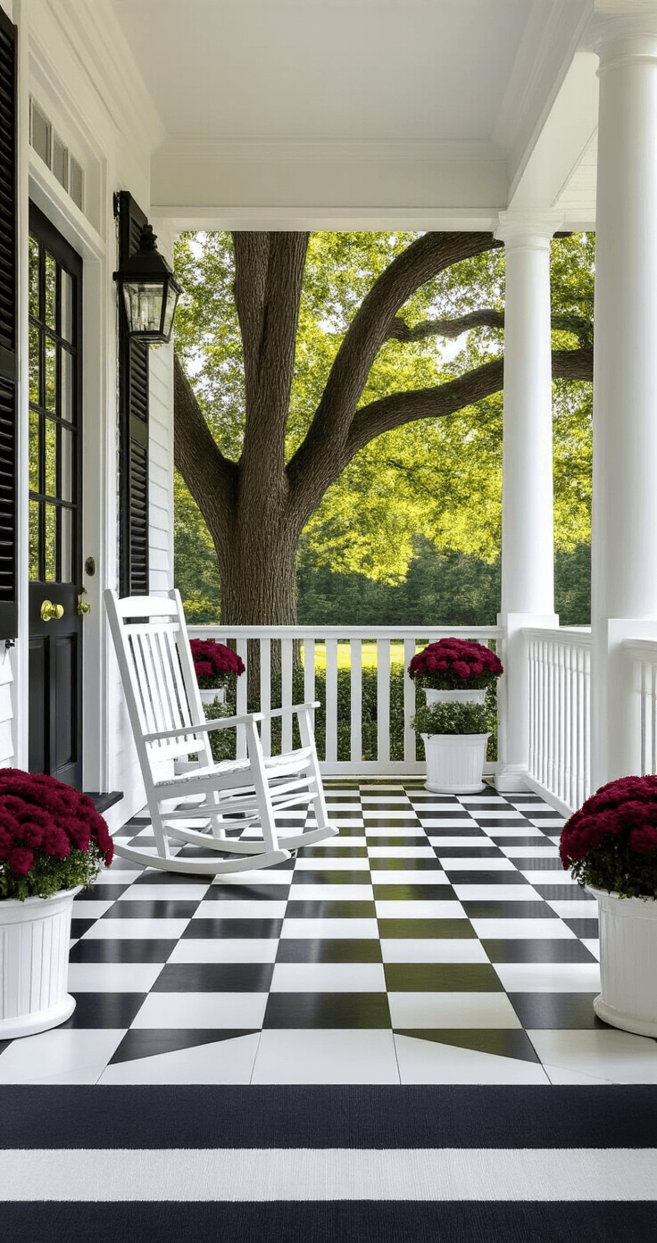 Transform Your Front Porch with These Stunning Tile Patterns (And Why I'll Never Go Back to Plain Concrete) Photorealistic colonial porch featuring black and white checkerboard ceramic tiles, a white rocking chair by a glossy black front door, and planters with burgundy mums, illuminated by late afternoon sunlight filtering through oak trees.