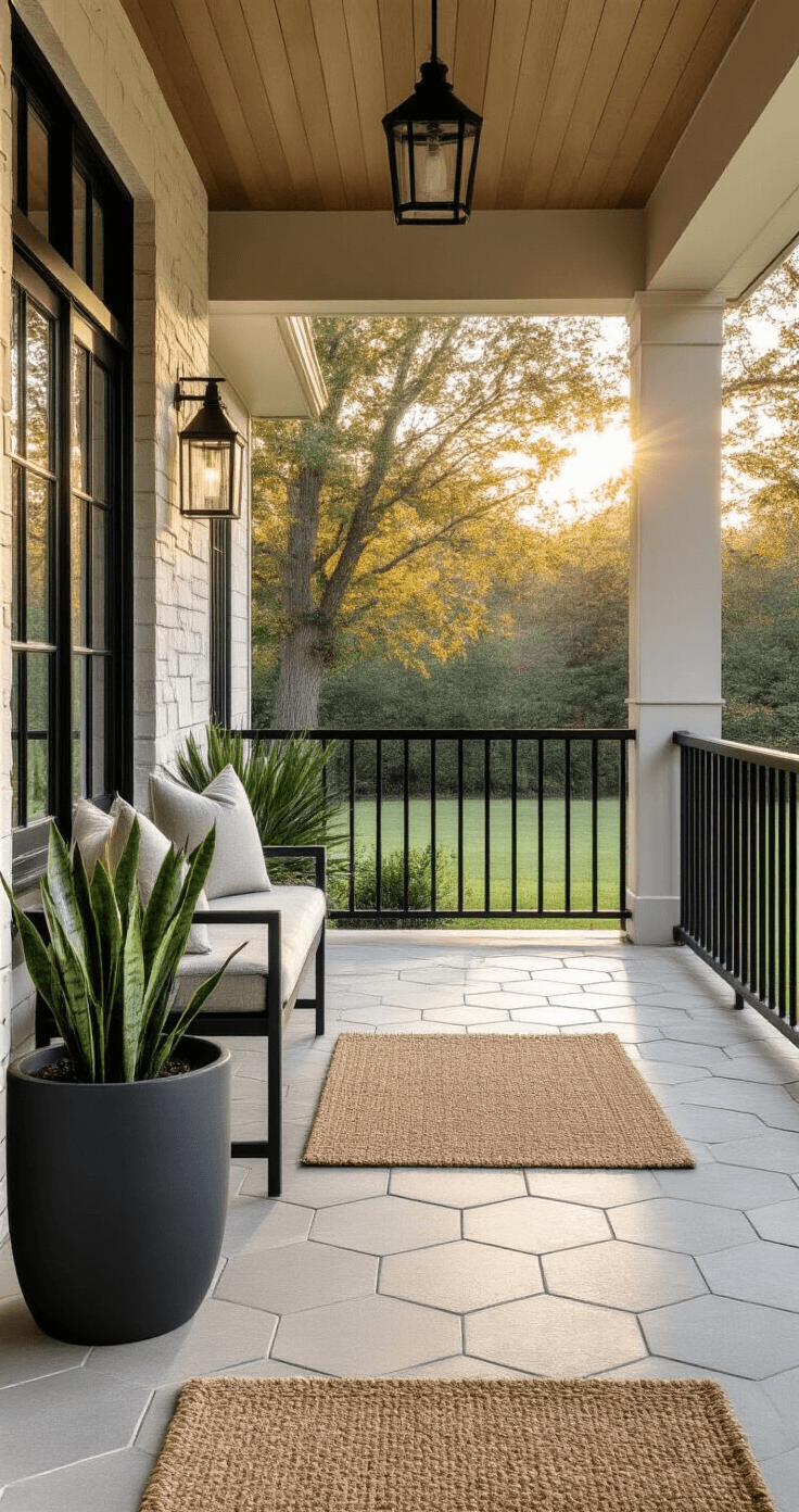 Transform Your Front Porch with These Stunning Tile Patterns (And Why I'll Never Go Back to Plain Concrete) Photorealistic image of a modern farmhouse porch featuring oversized soft greige hexagon tiles and large format stone-look porcelain in a subtle honeycomb pattern, illuminated by early morning golden light. A minimalist black metal bench with a linen cushion is angled beside a single oversized charcoal ceramic planter containing an architectural snake plant, while a natural jute doormat reveals hexagon edges. The camera captures a bird's-eye view from a second story window, highlighting the geometric layout and textured matte finishes.