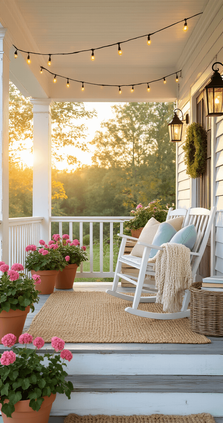 Cottage Porch Decor That'll Make Your Neighbors Stop and Stare Photorealistic image of a cozy cottage front porch at golden hour, featuring a weathered white wooden porch with a vintage rocking chair adorned with cream and aqua pillows, draped in a chunky knit blanket. A large jute rug anchors the area, while terracotta pots with pink geraniums and ivy decorate the wooden steps. Warm string lights cast an amber glow, and black metal lanterns flank a painted wooden door with a grapevine wreath. A vintage crate acts as a side table with stacked books and a ceramic mug, alongside a wicker basket for throws, creating a welcoming, lived-in atmosphere.