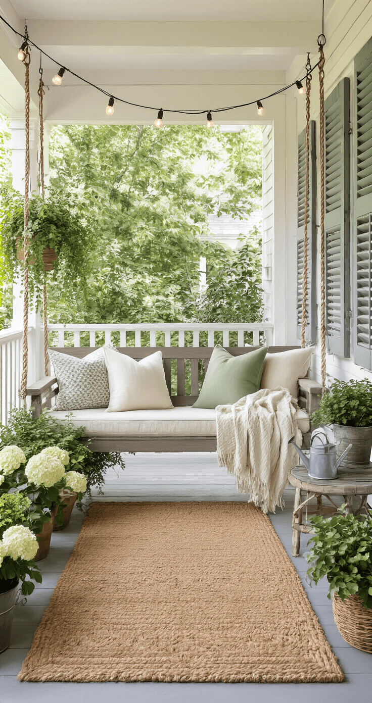 Cottage Porch Decor That'll Make Your Neighbors Stop and Stare Photorealistic image of a cottage porch seating area during golden hour, featuring a cushioned wooden swing with cream and sage pillows, layered doormats, potted plants, string lights, and a vintage watering can planter, all set against weathered shutters.