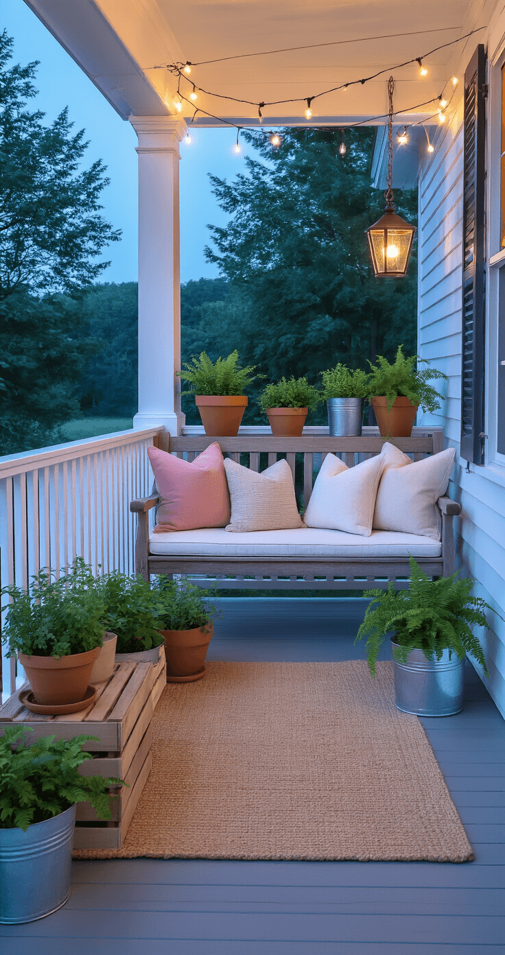 Cottage Porch Decor That'll Make Your Neighbors Stop and Stare Photorealistic cottage porch corner at blue hour featuring a vintage wooden bench adorned with cream, blush pink, and natural linen cushions, surrounded by clustered planters of herbs and ferns in terracotta pots and galvanized buckets, warm ambient lighting from lanterns, a jute rug, string lights overhead, and brass plant hooks with trailing baskets, all creating a cozy and magical outdoor space.