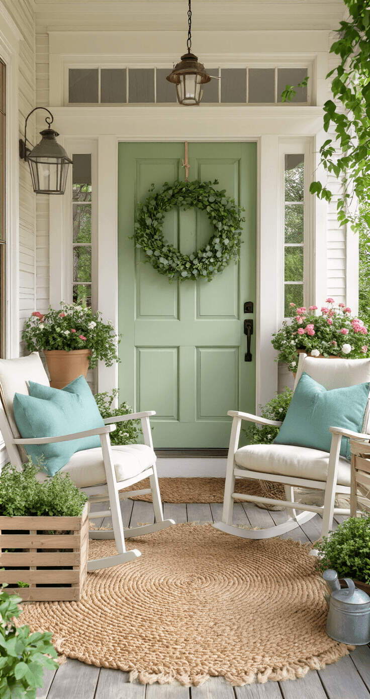 Cottage Porch Decor That'll Make Your Neighbors Stop and Stare A charming cottage porch entrance bathed in spring morning light, featuring a soft sage green door adorned with a large grapevine wreath, flanked by cream-cushioned rocking chairs and a braided jute rug, surrounded by vibrant climbing roses, geraniums, and herbs, with vintage decorative elements and twinkling string lights adding inviting warmth.