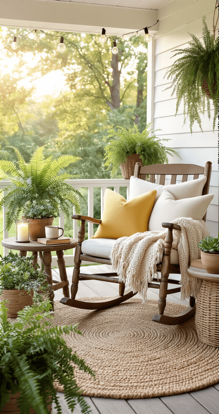 Cottage Porch Decor That'll Make Your Neighbors Stop and Stare Photorealistic cottage porch reading nook at golden hour, featuring a rocking chair with cream and soft yellow pillows, stacked vintage books, and a succulent on a round side table, surrounded by lush plant arrangements and softly glowing candles, with layered rugs and string lights enhancing the cozy, serene atmosphere.