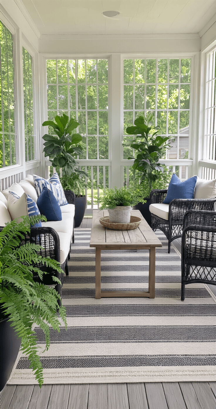 How I Transformed My Screened-In Back Porch Into the Coziest Room in My House A sunlit screened-in porch with a gray loveseat, black wicker chairs, and a rustic coffee table on a striped rug, adorned with ferns, a fiddle leaf fig, and cafe lights, captured from a low angle.