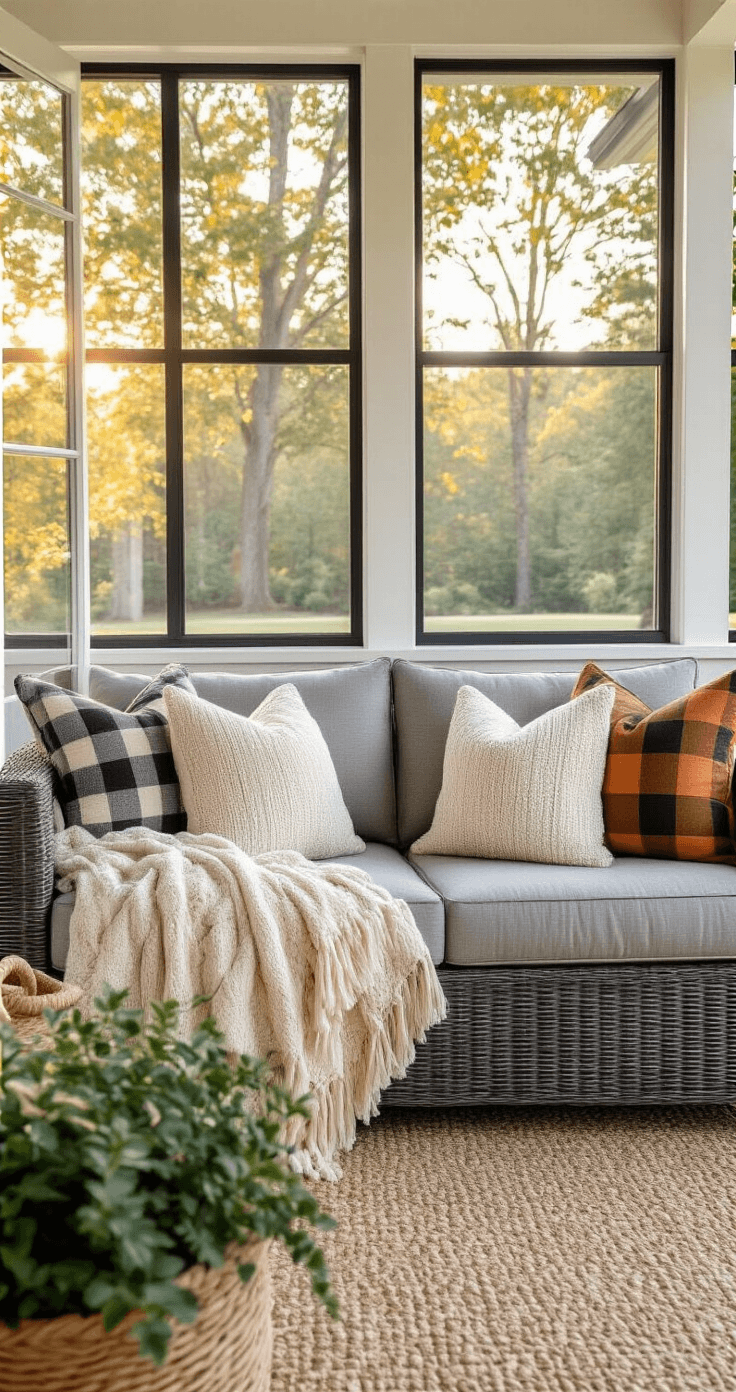 How I Transformed My Screened-In Back Porch Into the Coziest Room in My House A cozy modern farmhouse screened porch during golden hour, featuring a symmetrical composition with a deep-cushioned gray loveseat draped in chunky cream and charcoal throws, rust-toned plaid accents, and a lush backyard view framed by white screens with black trim. Two black-painted wooden stools with soft-glowing lamps, a woven seagrass basket, and a striped outdoor rug complete the warm, inviting scene.
