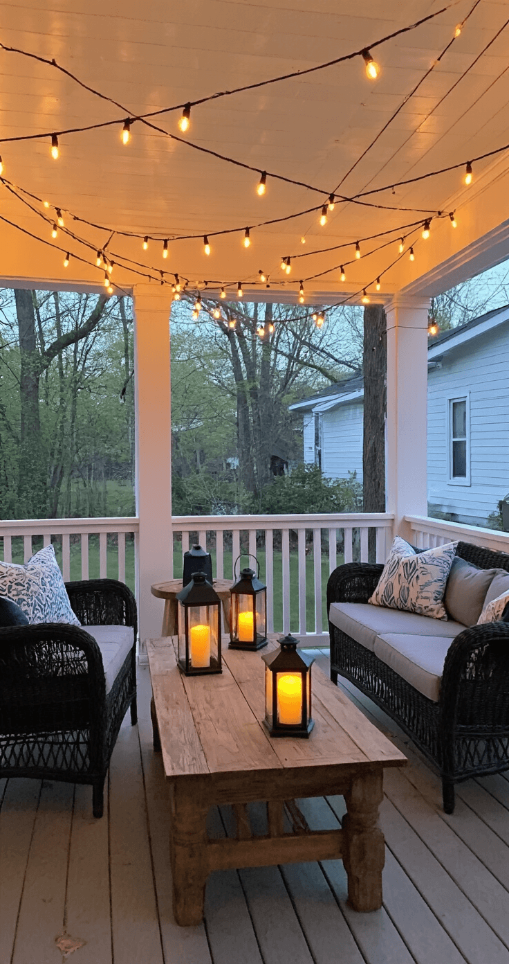 How I Transformed My Screened-In Back Porch Into the Coziest Room in My House A twilight screened porch scene at dusk with warm amber lighting from cafe string lights, black wicker chairs, gray loveseat with cream and blue pillows, lanterns with flickering candles, and potted ferns, all reflecting in a black-framed mirror.