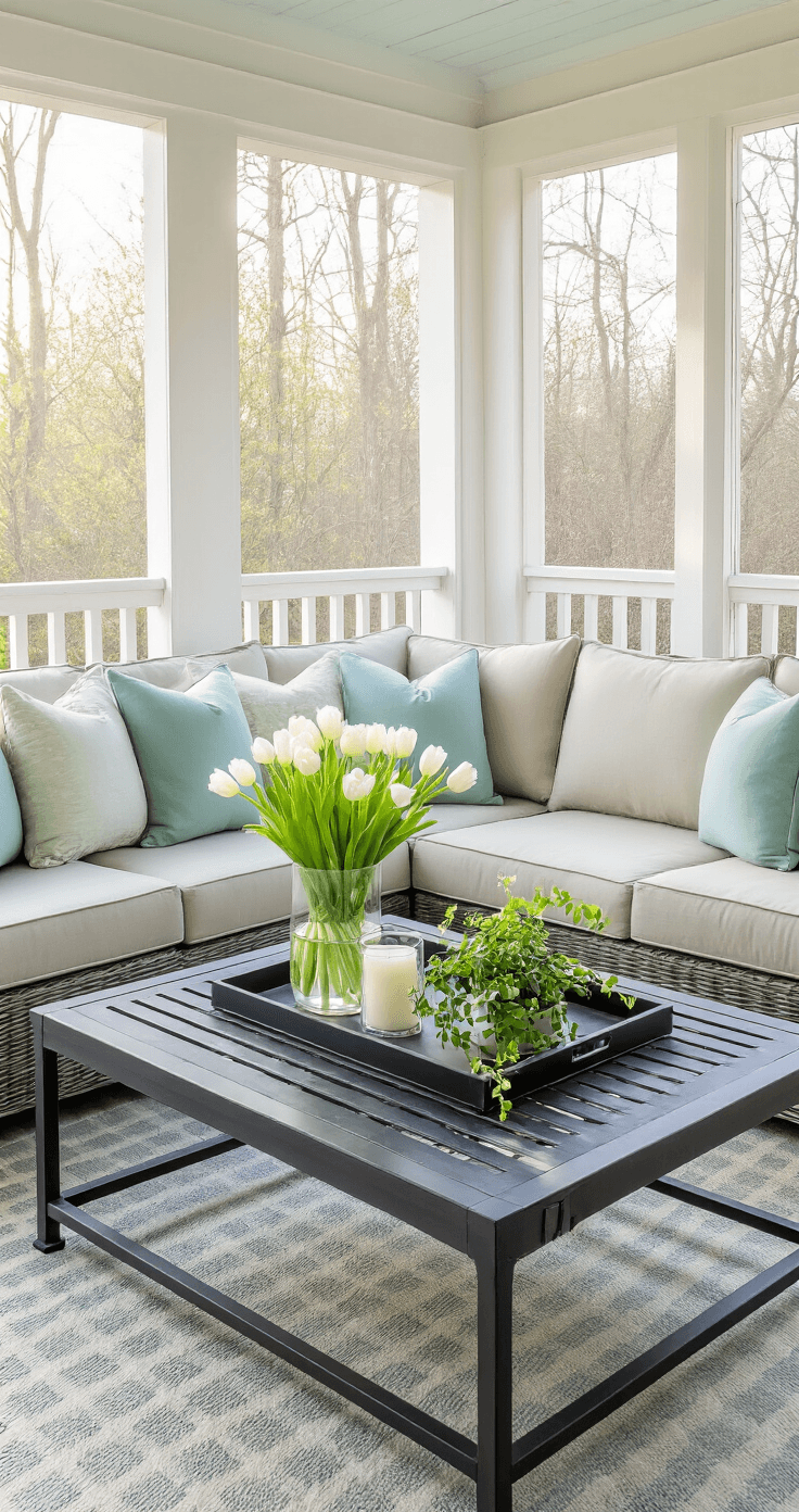 How I Transformed My Screened-In Back Porch Into the Coziest Room in My House A beautifully styled screened porch in soft morning light, featuring a gray loveseat with pastel pillows, a rustic coffee table with fresh flowers and a candle, a striped rug, and a small bistro table with chairs, all in a serene spring color palette.