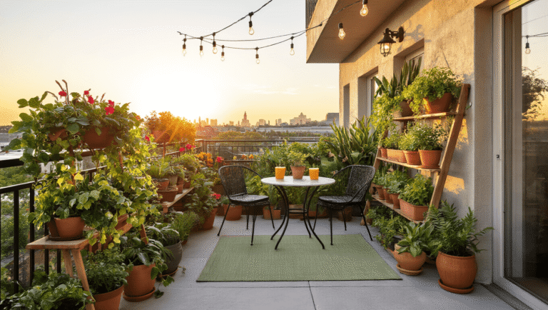 Balcony Garden Ideas That'll Turn Your Tiny Space Into a Green Paradise A transformed apartment balcony at golden hour, featuring a lush plant display with pothos, snake plants, and petunias, accented by solar string lights, bistro chairs, and a decorative outdoor rug, evoking an intimate urban sanctuary.