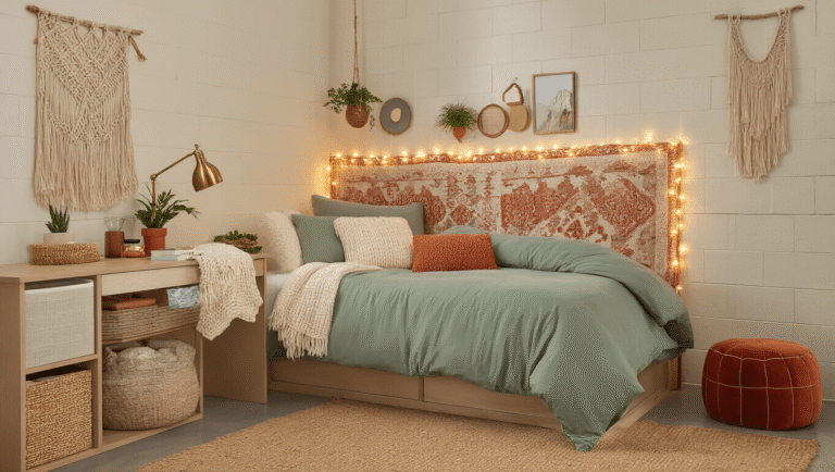 Dorm Room Ideas for Girls: Transform Your Tiny Space Into an Instagram-Worthy Haven Cinematographic wide shot of a boho-inspired dorm room featuring a twin XL bed with a dusty sage green duvet, terracotta accents, and a tapestry headboard lit by warm fairy lights, surrounded by cozy textures and an organized desk setup, creating a warm and inviting atmosphere.