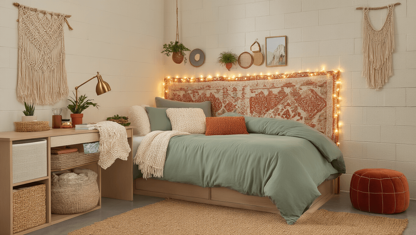 Dorm Room Ideas for Girls: Transform Your Tiny Space Into an Instagram-Worthy Haven Cinematographic wide shot of a boho-inspired dorm room featuring a twin XL bed with a dusty sage green duvet, terracotta accents, and a tapestry headboard lit by warm fairy lights, surrounded by cozy textures and an organized desk setup, creating a warm and inviting atmosphere.