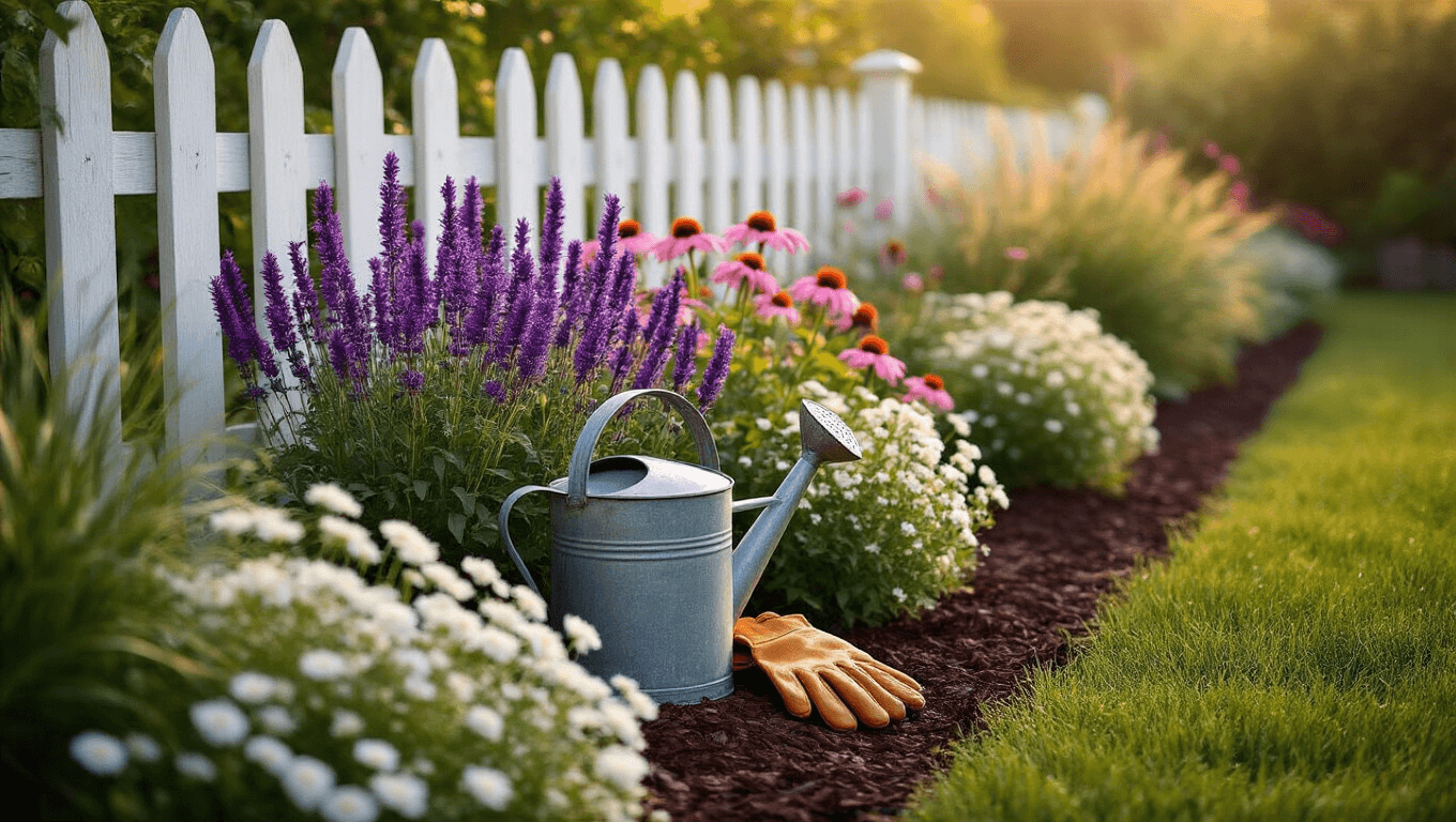 My Garden Grew the Perfect Flower Beds (and Thousands of Pinterest Saves)—Here's How You Can Too Cinematic cottage garden flower border with purple salvia, pink coneflowers, and white dianthus along a weathered picket fence, bathed in golden hour sunlight, featuring a vintage watering can and gardening gloves, surrounded by ornamental grasses and rich chocolate mulch.