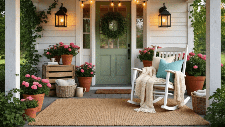 Cottage Porch Decor That'll Make Your Neighbors Stop and Stare Photorealistic cottage porch at golden hour featuring a weathered white rocking chair adorned with cream and aqua pillows, a chunky knit blanket, a large jute rug, terracotta pots with blooming pink geraniums, warm string lights, black lanterns, a vintage wooden crate with stacked books, a ceramic mug, a wicker basket of throws, a grapevine wreath on a sage green door, and climbing ivy, creating a cozy reading nook atmosphere.