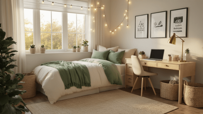 How I Transformed My Tiny Uni Dorm Into a Pinterest-Worthy Paradise (Without Breaking the Bank) A cozy dorm room illuminated by golden hour light, featuring cream bedding with sage green pillows, string lights, a natural wood desk with a laptop and succulent, and a well-styled gallery wall, all in a warm neutral palette.