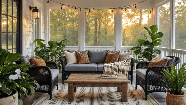 How I Transformed My Screened-In Back Porch Into the Coziest Room in My House Cinematic wide-angle shot of a cozy screened-in porch transformed into a three-season living room, featuring a gray loveseat, wicker chairs, a rustic coffee table, lush plants, and warm cafe string lights.
